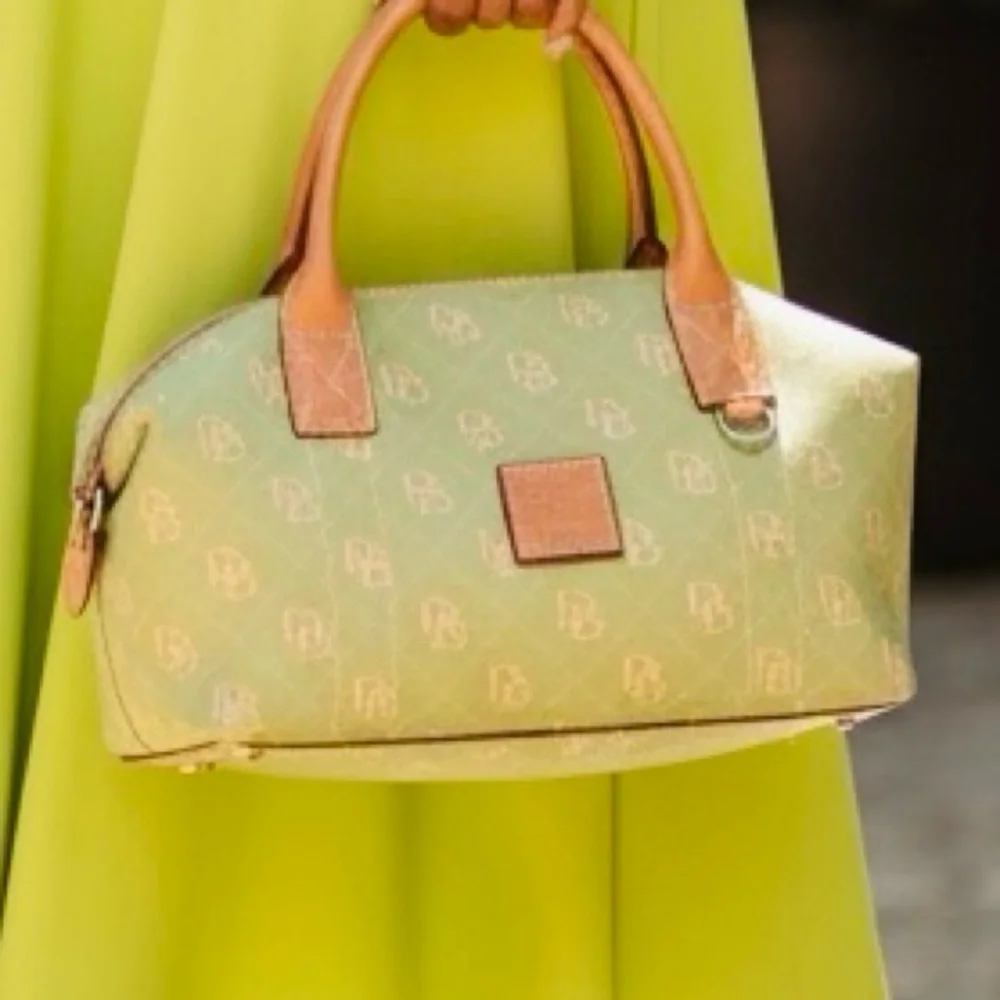 DOONEY & BURKE Lime Green & Oak Monogram Fabric Satchel Handbag, Authentic EUC